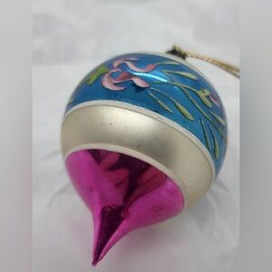 Mercury Glass Christmas Ornament Pink Blue White Floral Band Poland Vintage